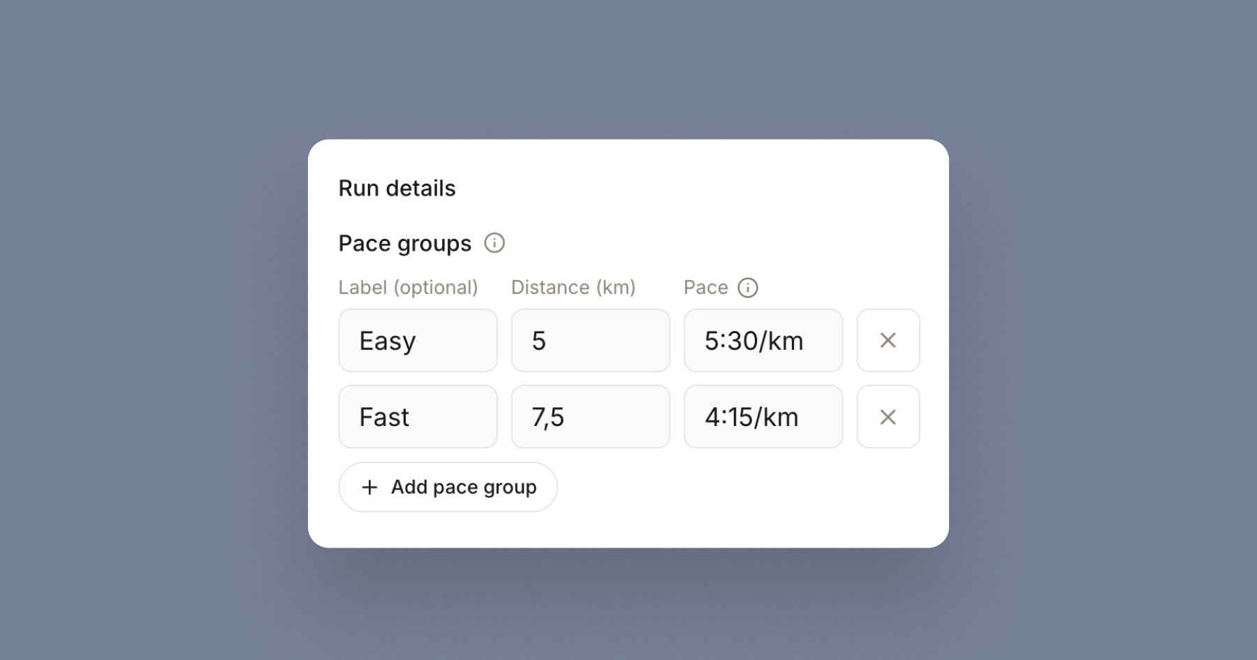 Pace Groups field with Easy and Fast groups on a RunClubs.nl run
