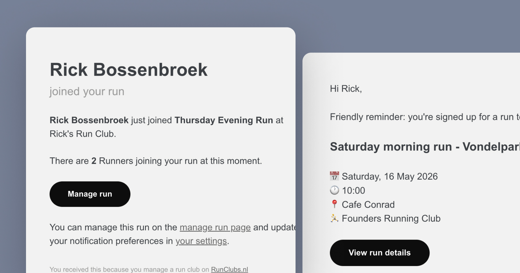 Email run reminder for runners and a new-signup notification for organisers on RunClubs.nl