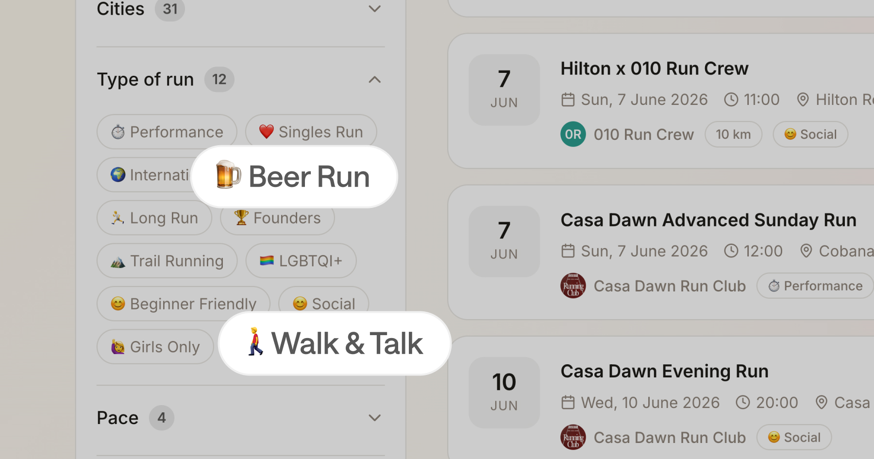 Walk & Talk and Beer Run run types on RunClubs.nl